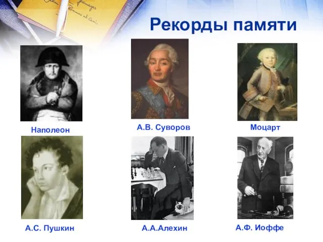 Рекорды памяти А.В. Суворов Моцарт Наполеон А.Ф. Иоффе А.А.Алехин А.С. Пушкин