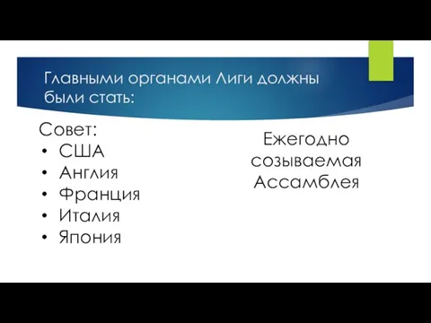 Главными органами Лиги должны были стать: Совет: США Англия Франция Италия Япония Ежегодно созываемая Ассамблея