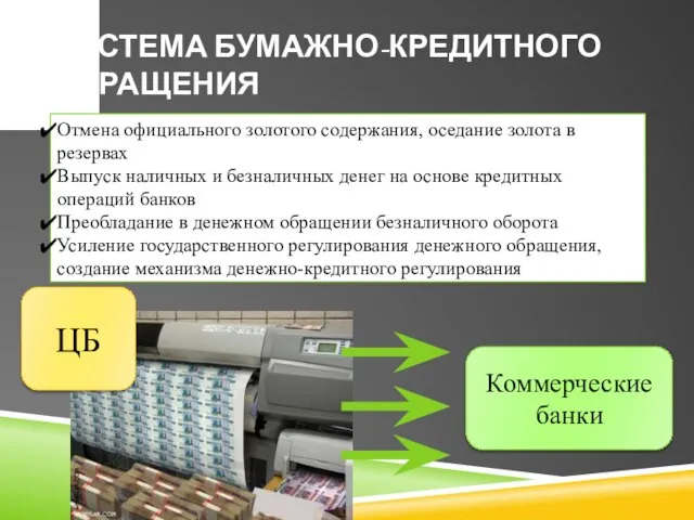 Система бумажно-кредитного обращения Отмена официального золотого содержания, оседание золота в резервах