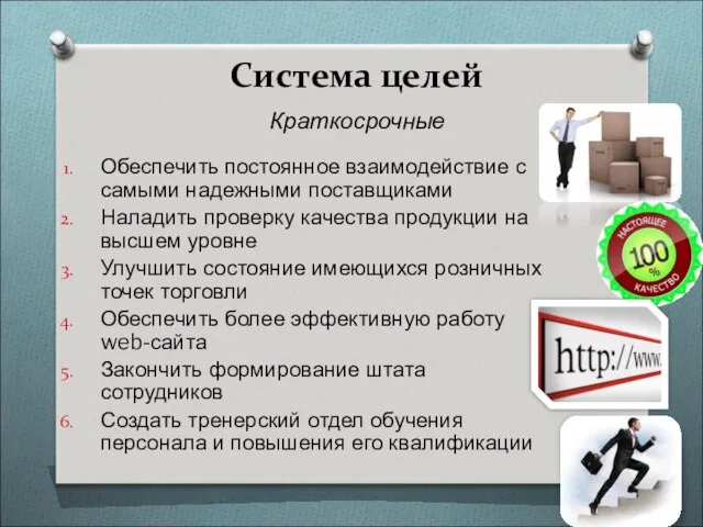 Система целей Обеспечить постоянное взаимодействие с самыми надежными поставщиками Наладить проверку