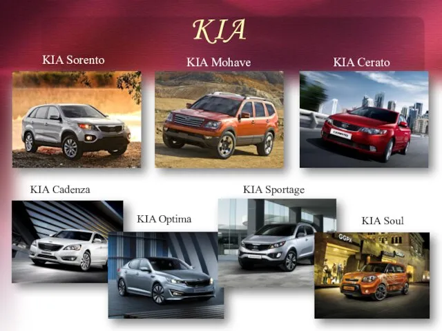 KIA KIA Sorento KIA Mohave KIA Cerato KIA Cadenza KIA Optima KIA Sportage KIA Soul