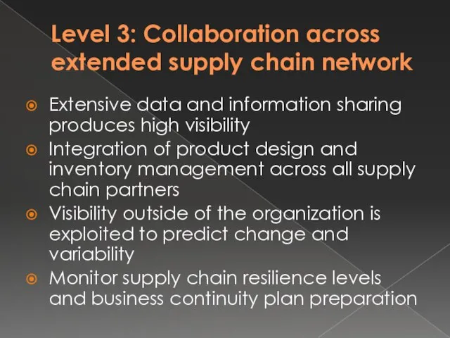 Level 3: Collaboration across extended supply chain network Extensive data and