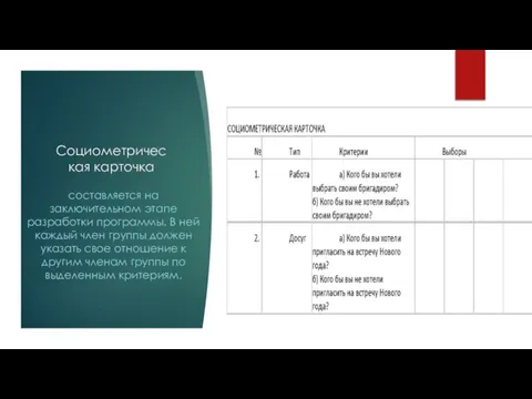 Социометрическая карточка составляется на заключительном этапе разработки программы. В ней каждый