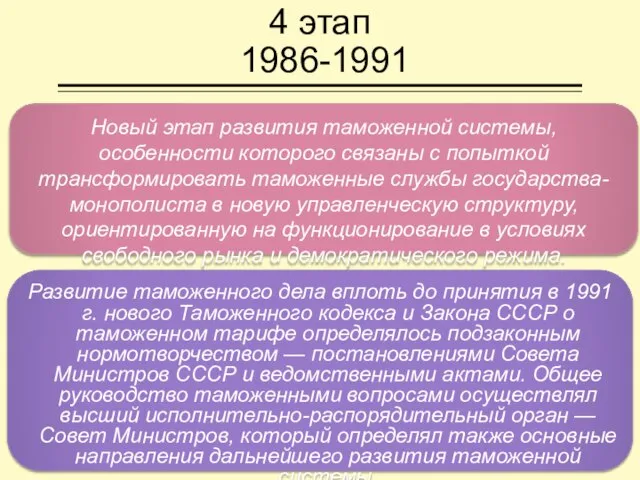 4 этап 1986-1991 Развитие таможенного дела вплоть до принятия в 1991