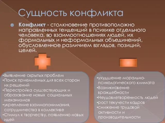 Сущность конфликта Конфликт - столкновение противоположно направленных тенденций в психике отдельного