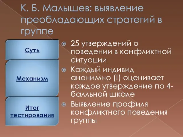 К. Б. Малышев: выявление преобладающих стратегий в группе 25 утверждений о