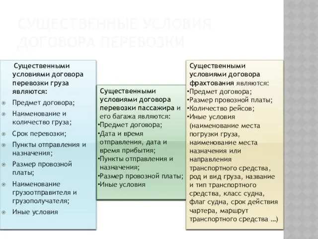 Существенные условия договора перевозки Существенными условиями договора перевозки груза являются: Предмет