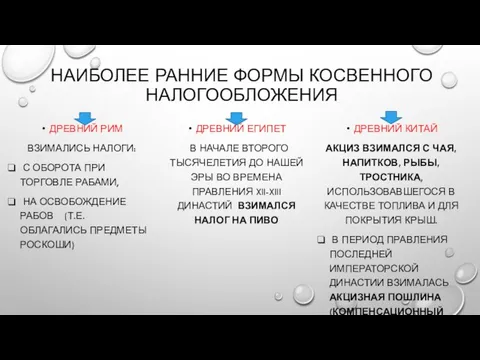 Наиболее ранние формы косвенного налогообложения Древний рим взимались налоги: с оборота