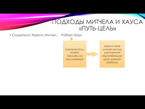 Подходы Митчела и хауса «путь-цель» Создатели: Теренс Митчел, Роберт Хаус руководитель