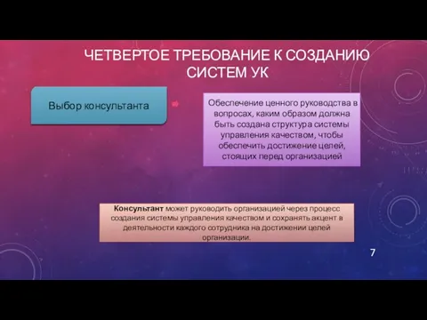 Четвертое требование к созданию систем УК Выбор консультанта Обеспечение ценного руководства