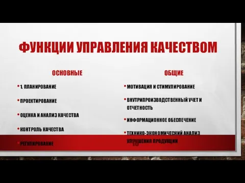 Функции управления качеством основные 1. планирование Проектирование Оценка и анализ качества