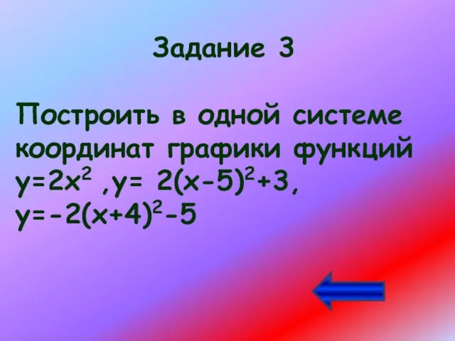 Задание 3 Построить в одной системе координат графики функций у=2х2 ,у= 2(х-5)2+3, у=-2(х+4)2-5