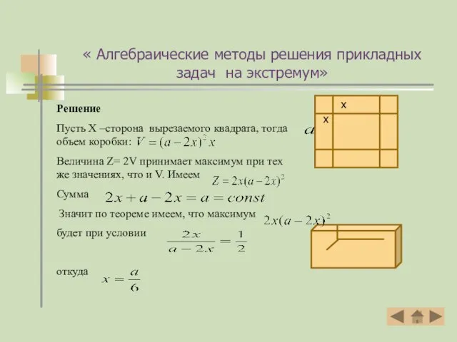 Решение Пусть X –сторона вырезаемого квадрата, тогда объем коробки: Величина Z=
