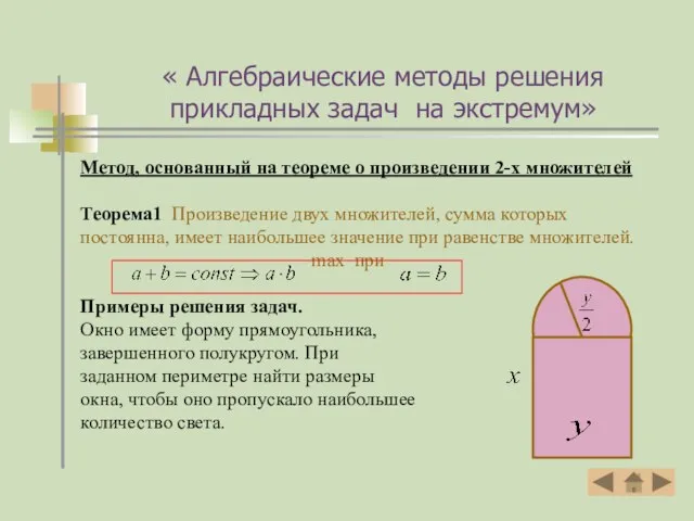 « Алгебраические методы решения прикладных задач на экстремум» Метод, основанный на