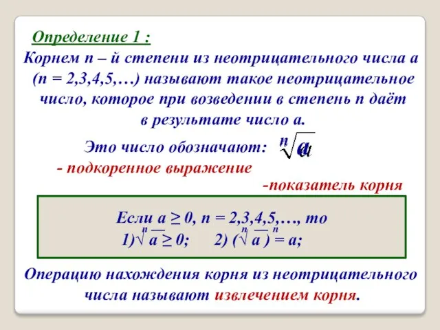 Определение 1 : Корнем n – й степени из неотрицательного числа