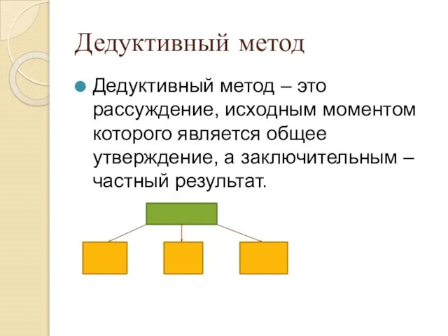 Дедуктивный метод Дедуктивный метод – это рассуждение, исходным моментом которого является