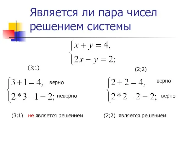 Является ли пара чисел решением системы (3;1) (2;2) верно неверно верно