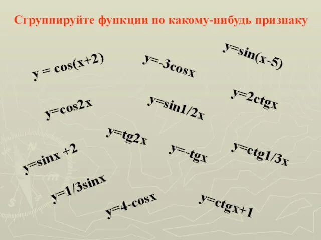 y = cos(x+2) y=cos2x y=sinx +2 y=-3cosx y=sin1/2x y=sin(x-5) y=tg2x y=2ctgx