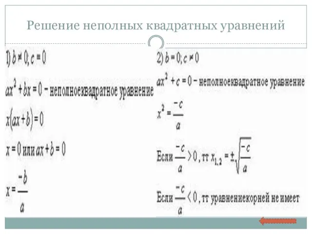 Решение неполных квадратных уравнений