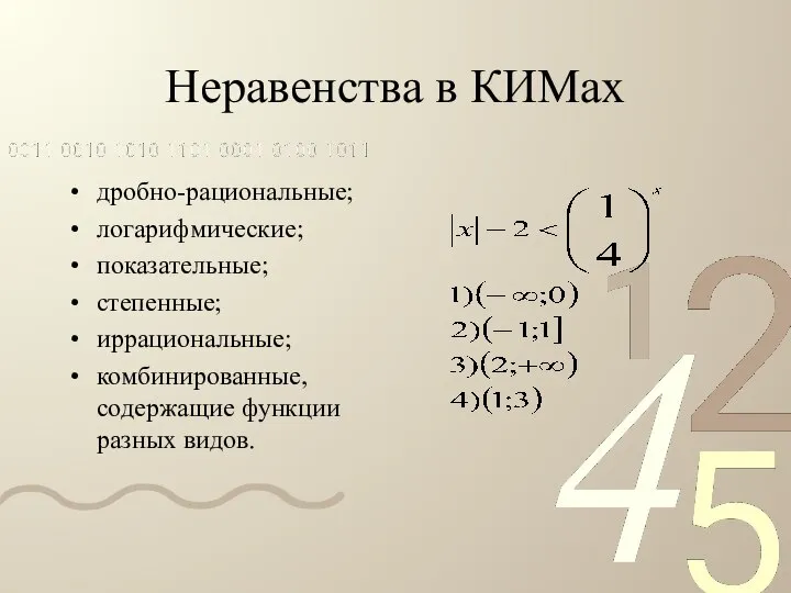 Неравенства в КИМах дробно-рациональные; логарифмические; показательные; степенные; иррациональные; комбинированные, содержащие функции разных видов.