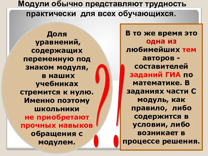 Доля уравнений, содержащих переменную под знаком модуля, в наших учебниках стремится