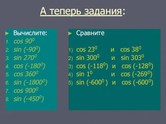 А теперь задания: Вычислите: cos 900 sin (-900) sin 2700 cos