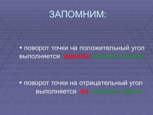 ЗАПОМНИМ: поворот точки на положительный угол выполняется против часовой стрелки поворот