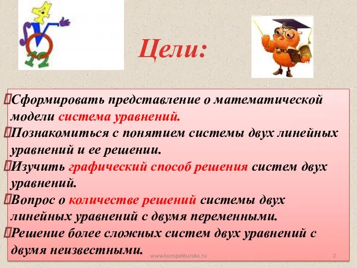 Цели: 12.09.2012 Сформировать представление о математической модели система уравнений. Познакомиться с