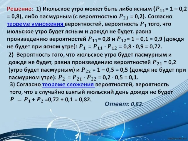 Ответ: 0,82. Антонова Г.В.