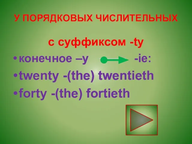 У ПОРЯДКОВЫХ ЧИСЛИТЕЛЬНЫХ с суффиксом -ty конечное –у -ie: twenty -(the) twentieth forty -(the) fortieth