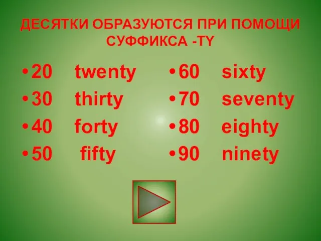 ДЕСЯТКИ ОБРАЗУЮТСЯ ПРИ ПОМОЩИ СУФФИКСА -TY 20 twenty 30 thirty 40