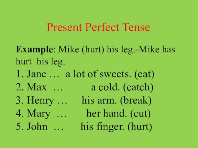 Present Perfect Tense Example: Mike (hurt) his leg.-Mike has hurt his