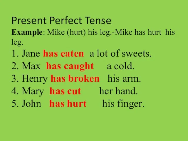 Present Perfect Tense Example: Mike (hurt) his leg.-Mike has hurt his