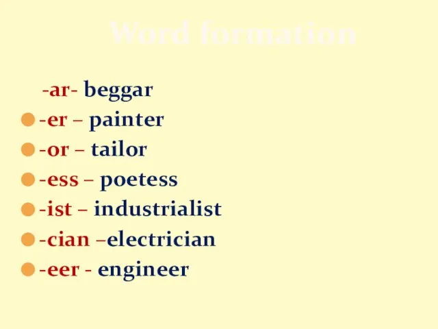 Word formation -ar- beggar -er – painter -or – tailor -ess