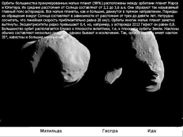 Орбиты большинства пронумерованных малых планет (98%) расположены между орбитами планет Марса