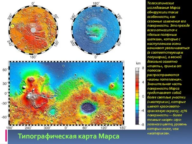 Типографическая карта Марса Телескопические исследования Марса обнаружили такие особенности, как сезонные