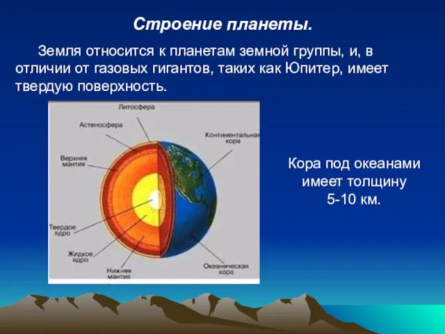 Строение планеты. Земля относится к планетам земной группы, и, в отличии