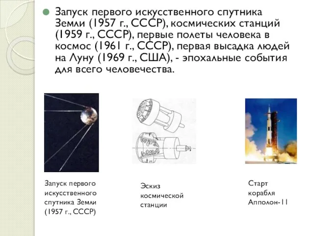 Запуск первого искусственного спутника Земли (1957 г., СССР), космических станций (1959