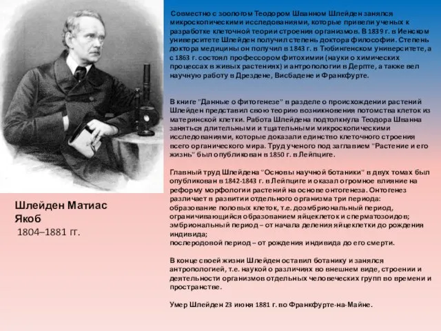 Шлейден Матиас Якоб 1804–1881 гг. Совместно с зоологом Теодором Шванном Шлейден