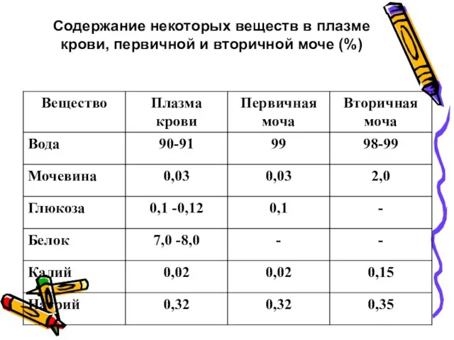 Содержание некоторых веществ в плазме крови, первичной и вторичной моче (%)