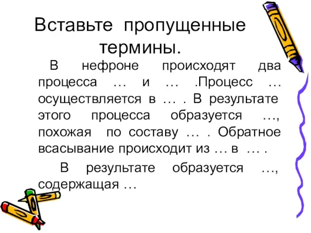 Вставьте пропущенные термины. В нефроне происходят два процесса … и …