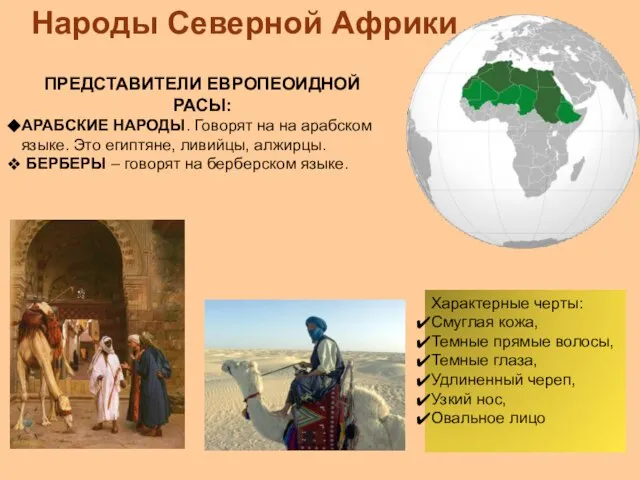 Народы Северной Африки ПРЕДСТАВИТЕЛИ ЕВРОПЕОИДНОЙ РАСЫ: АРАБСКИЕ НАРОДЫ. Говорят на на