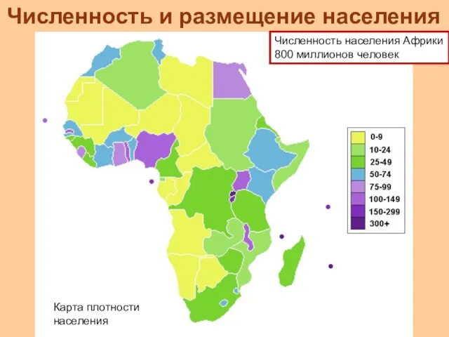 Численность и размещение населения Численность населения Африки 800 миллионов человек Карта плотности населения