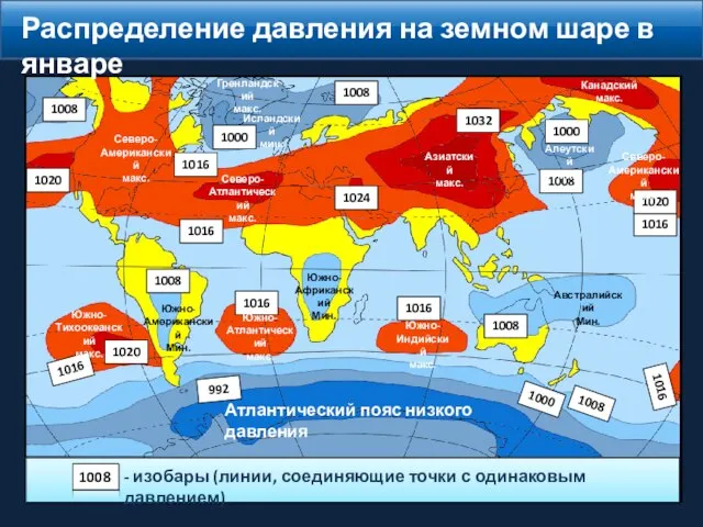 Распределение давления на земном шаре в январе 1008 - изобары (линии,