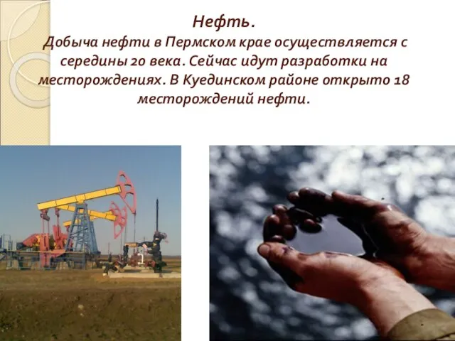 Нефть. Добыча нефти в Пермском крае осуществляется с середины 20 века.