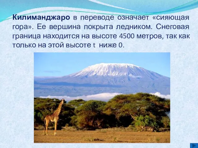 Килиманджаро в переводе означает «сияющая гора». Ее вершина покрыта ледником. Снеговая