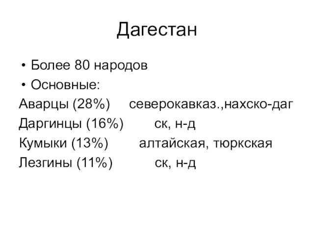 Дагестан Более 80 народов Основные: Аварцы (28%) северокавказ.,нахско-даг Даргинцы (16%) ск,