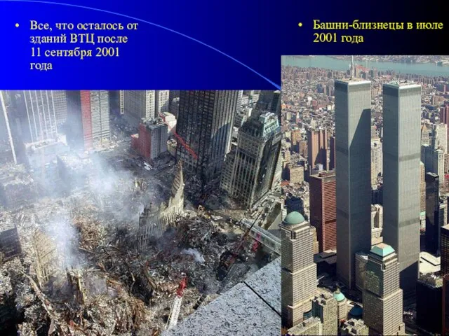 Башни-близнецы в июле 2001 года Все, что осталось от зданий ВТЦ после 11 сентября 2001 года