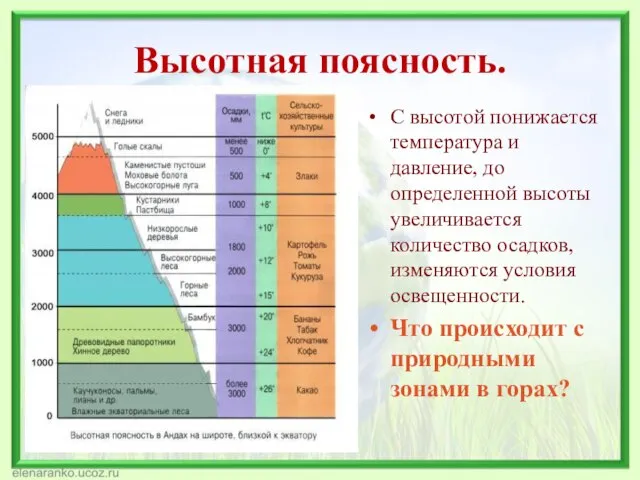 Высотная поясность. С высотой понижается температура и давление, до определенной высоты