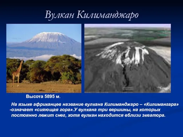 Вулкан Килиманджаро На языке африканцев название вулкана Килиманджаро – «Килимангара» означает